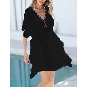 Womens Swimsuit Cover Up V Neck Short Sleeve Crochet Trim Bikini Cover Up Beach Shirt Dress - 1 of 3