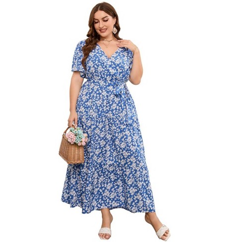 Women Plus Size V Neck Wrap Maxi Dress High Waist Ruffle Summer Casual Dress with Belt Short Sleeve Flower Blue White 2XL