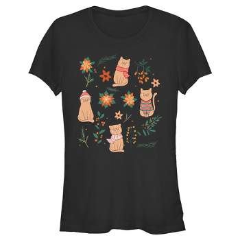 Juniors Womens Lost Gods Christmas Floral Cats T-Shirt