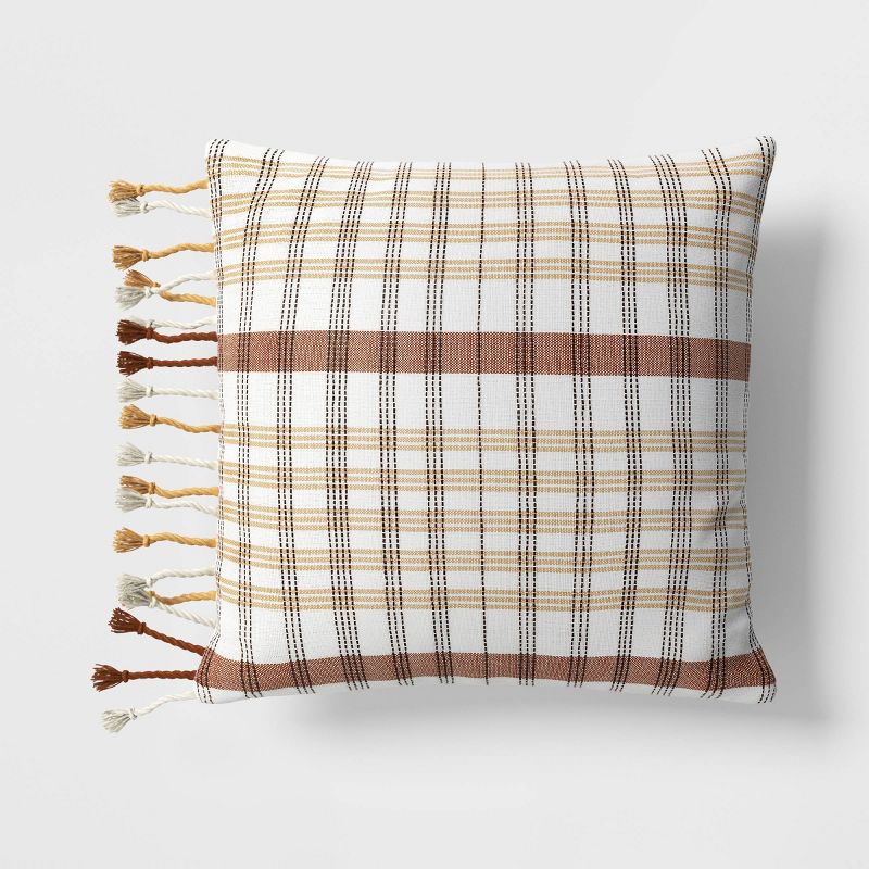 20&#34;x20&#34; Plaid and Tassels Square Outdoor Throw Pillow Rust/Apricot - Threshold&#8482;, 1 of 6