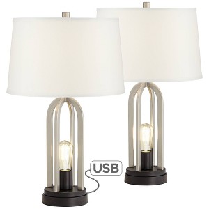 360 Lighting Marcel Modern Table Lamps Set of 2 24 1/4" High Brushed Nickel with LED Nightlight USB Charging Port White Shade for Bedroom House Desk - 1 of 4