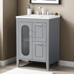 24-Inch Bathroom Vanity with Sink,Glass Door,Drawers & Adjustable Shelf,Freestanding Vanity with Ceramic Basin & 8" Faucet Mount - 1 of 4
