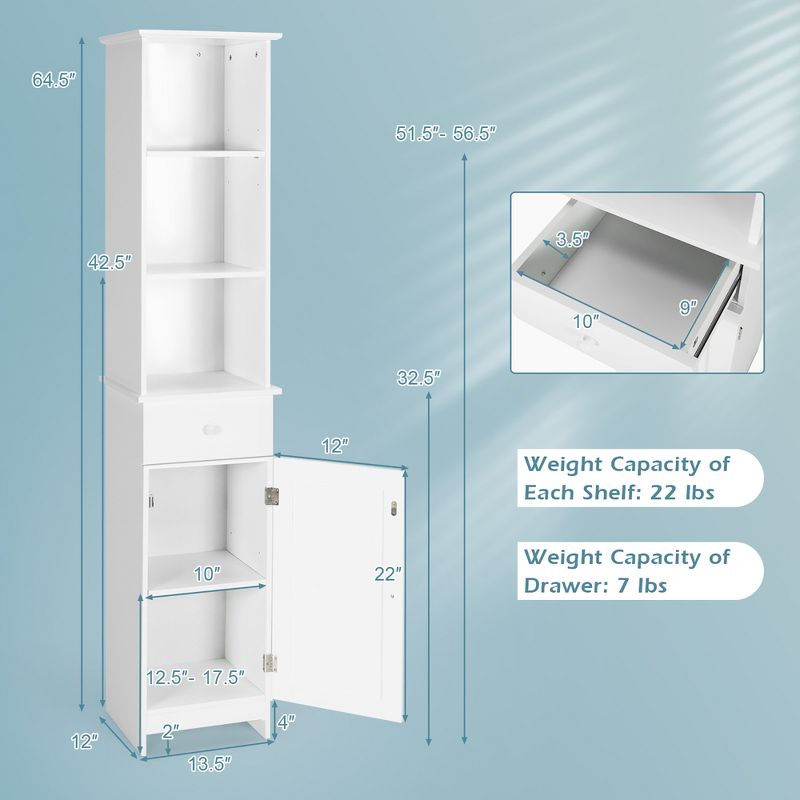 Costway Bathroom Tall Storage Cabinet Freestanding Linen Tower w/ Open Shelves & Drawer, 4 of 11