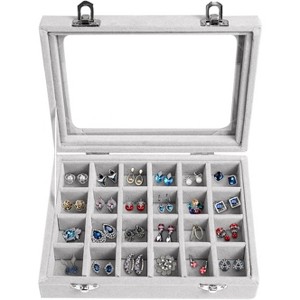 24-Grid Velvet Jewelry Tray with Glass Lid, Detachable Earring Organizer for Drawer Storage and Display, Gray - 1 of 4