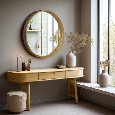 Natural Wood Round Wall Mirror with Silver Accents, 32 Inches