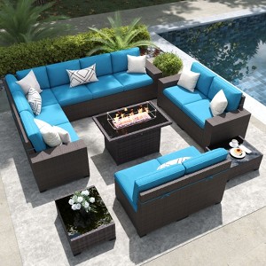 LayinSun 13 Pieces Outdoor Patio Furniture Set with 44" Fire Pit Table Rattan Sectional Sofa Conversation Sets - 1 of 4