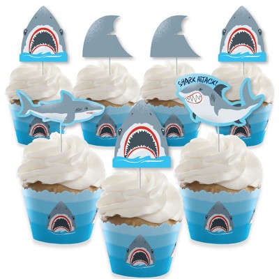 Big Dot of Happiness Shark Zone - Cupcake Decor - Jawsome Shark Viewing Week Party or Birthday Party Cupcake Wrappers and Treat Picks Kit - Set of 24