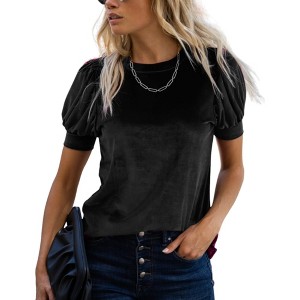Amaryllis Women's Short-Sleeve Velvet Puff Sleeve Top Elegant Crew Neck  Texture - 1 of 4