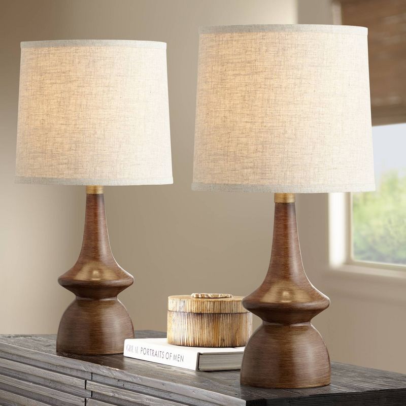 360 Lighting Mid Century Modern Table Lamps 24" High Set of 2 Walnut Faux Wood Brass Off White Drum Shade for Bedroom Living Room House Home Bedside, 2 of 6