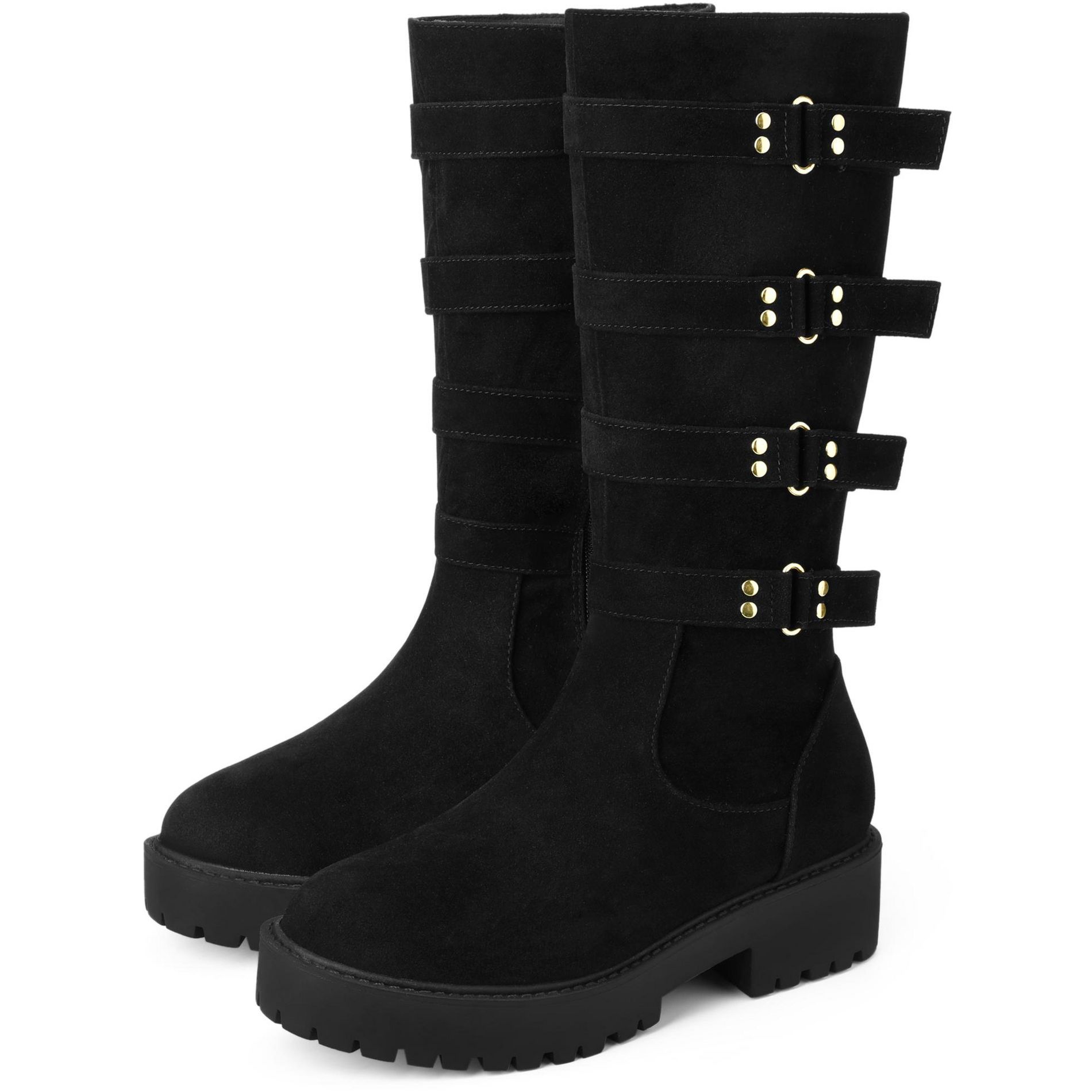 BLISSFUL STEP Women's Round Toe Buckle Chunky Heel Knee High Platform Boots