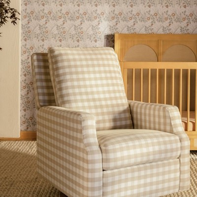 Tan Gingham Velvet Swivel Recliner with Light Wood Base