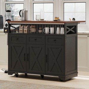 Okak Farmhouse Kitchen Island with Drop Leaf and Power Outlet, Kitchen Cart with Drape of Beads, Countertop Organizer for Kitchen - 1 of 4
