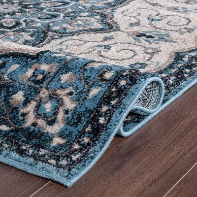 Blue and Ivory Medallion Runner Rug with Jute Backing