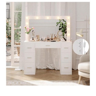 White Vanity Desk With Mirror, LED Lights, And Power Outlet Makeup Vanity Table With 7 Drawers Dressing Table For Bedroom Dressing Room, White