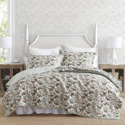 Laura Ashley 3pc Full/queen Bramble Floral 100% Cotton Quilt Bedding Set  Green : Target