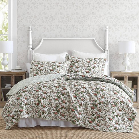 Laura Ashley 3pc King Bramble Floral 100% Cotton Quilt Bedding Set Green