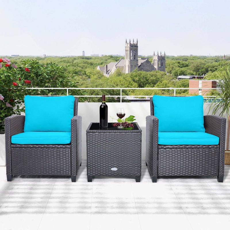 Costway 3PCS Patio Wicker Furniture Set with Beige & Navy Cushion Covers Balcony, 4 of 10