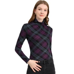 Allegra K Women's Turtleneck Long Sleeve Stretch Slim Plaid Casual Blouse - 1 of 4