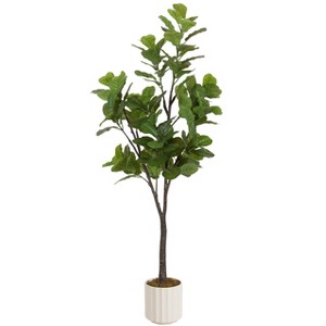 Kate and Laurel Fidmont Faux Fiddle Fig Tree with Jibbs Scalloped Planter Pot, 6 FT, White - 1 of 4