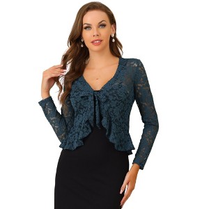 INSPIRE CHIC Women's Tie Front Ruffled Hem Floral Lace Sheer Crop Bolero Shrug - 1 of 4