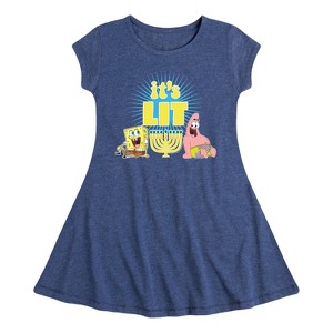 SpongeBob SquarePants It's Lit Hanukkah Fit & Flair Cap Sleeve Dress - Heather Navy - 2T - 1 of 4