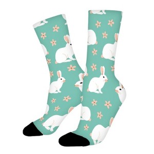 White Rabbits On Teal Women Printed Crew Socks Funny Funky Socks Soft Polyester Novelty Gifts for Artists Men - 1 of 1