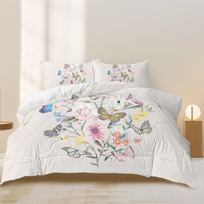 Boersma Butterfly Flower Comforter Set Twin Size – Light Pink Bedding for Girls & Women, 3Pcs Soft All-Season Quilt with 1 Comforter & 2 Pillowcases