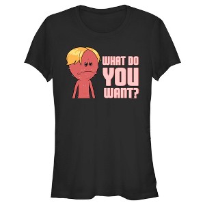 Juniors Womens Rick And Morty Kirkland Mr. Meeseeks What Do You Want? T-Shirt - 1 of 4