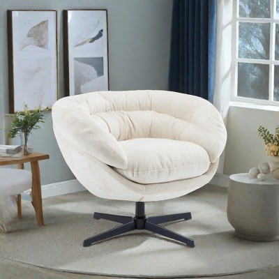 VYNXARIA Modern Chenille Office Chair,360 Swivel Accent Chair with Removable Cushion,Round Office Chair, Black Metal Base,Cotton Material,Beige