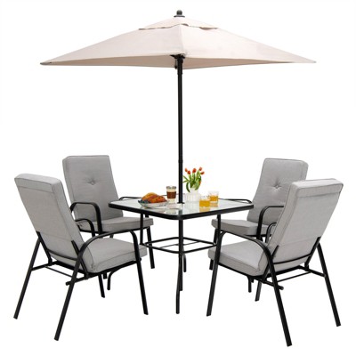 Tangkula 6PCS Outdoor Dining Set Patio Table & Chair Furniture Set w/ Cushions & Umbrella