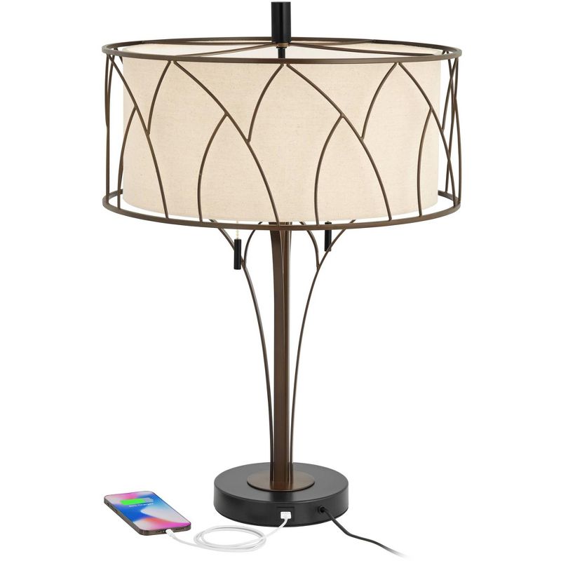 Franklin Iron Works Sydney Modern Mid Century Table Lamp 26" High Bronze with USB Charging Port Oatmeal Drum Shade for Bedroom Living Room Office Desk, 3 of 10