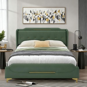 KTMBDW Queen/King Size Leather Bed frame with Wingback Headboard & Footboard, PU Upholstered Platform bed with Wooden Slats Support, Easy Assembly - 1 of 4