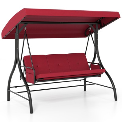 Tangkula 3-Seat Patio Swing w/ Canopy & Removable Cushions & Side Pockets Stand