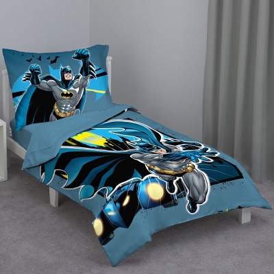 Warner Brothers Batman - Blue Yellow and Grey 4 Piece Toddler Bed Set - Comforter, Flat Top Sheet, Fitted Bottom Sheet, Reversible Pillowcase