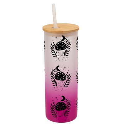 Elanze Designs Woodland Moonlit Mushroom Flowers Wrap-Around Design 25 Ounce Frosted Gradient Glass On-The-Go Coffee Travel Skinny Tumbler Mug Cup,