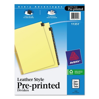 Avery Preprinted Black Leather Tab Dividers w/Gold Reinforced Edge 12-Tab Ltr 11351