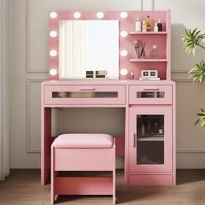 HYLEORY Vanity Set with Mirror, Power Outlet and 10 Lights, Makeup Table with 3 Drawers,3 Color Modes Available for Bedroom - 1 of 4