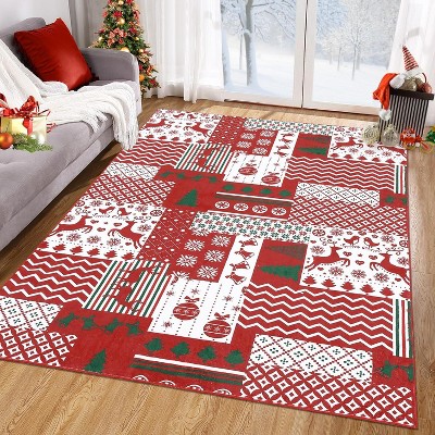 Christmas Area Rug, Non-Slip Washable Holiday Patchwork Carpet, Soft Low-Pile Boho Floor Cover for Living Room, Bedroom, Classroom Decor