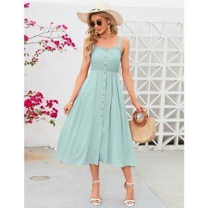 Women's Dress Casual Summer Spaghetti Strap Dress Button Down Sleeveless A Line Beach Swing Midi Sundress - 1 of 4
