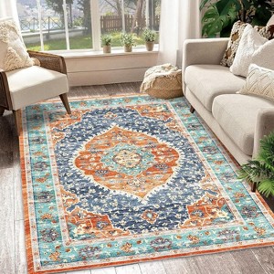 Area Rug - Ultra Thin Low Pile Rug, Stain Resistant, Anti-Slip & Non-Shedding, Machine Washable, Floral Print Carpet for Living Room. Bedroom - 1 of 4