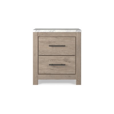 Light Brown and White Faux Marble Top 2-Drawer Nightstand