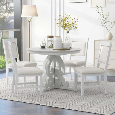 NicBex Round Dining Room Table Set for 4 Morden Adjustable Kitchen Table with MDF Tabletop and 4 Upholstered Chairs for Dining Room