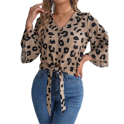 Women's 3/4 Bell Sleeve V Neck Blouse Tie Front Knot Leopard Print Summer Casual Crop Top