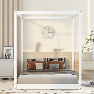 Quuen Size Bed Frame, Modern Wooden Canopy Bed Frame with Low Base Support Legs, King Size Canopy Bed for Kids Teens, No Box Spring Needed White - 1 of 4