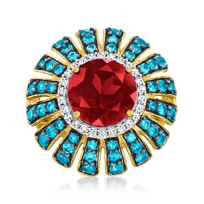 Ross-Simons 4.90 Carat Garnet and 1.60 ct. t.w. London Blue Topaz Ring With .40 ct. t.w. White Zircons in 18kt Gold Over Sterling
