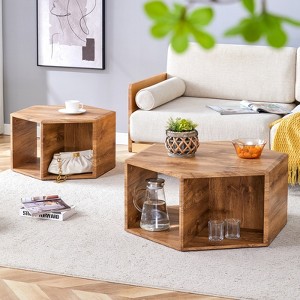 FONTOI Hexagonal Coffee Table Set of 2 with Multi-hole Design, Floor Mount Side Table for Living Room Bedroom, Wood, 21.6"*14"*25" - 1 of 4