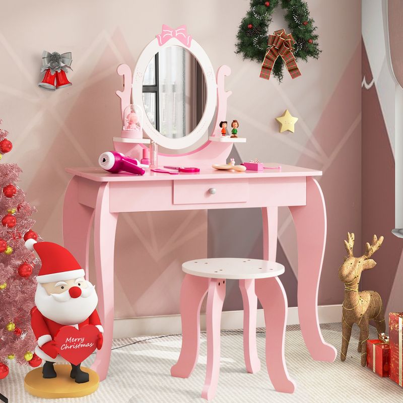 Costway Kid Vanity Table Stool Set with Adjustable Mirror Storage Drawer Makeup Pink, 1 of 11