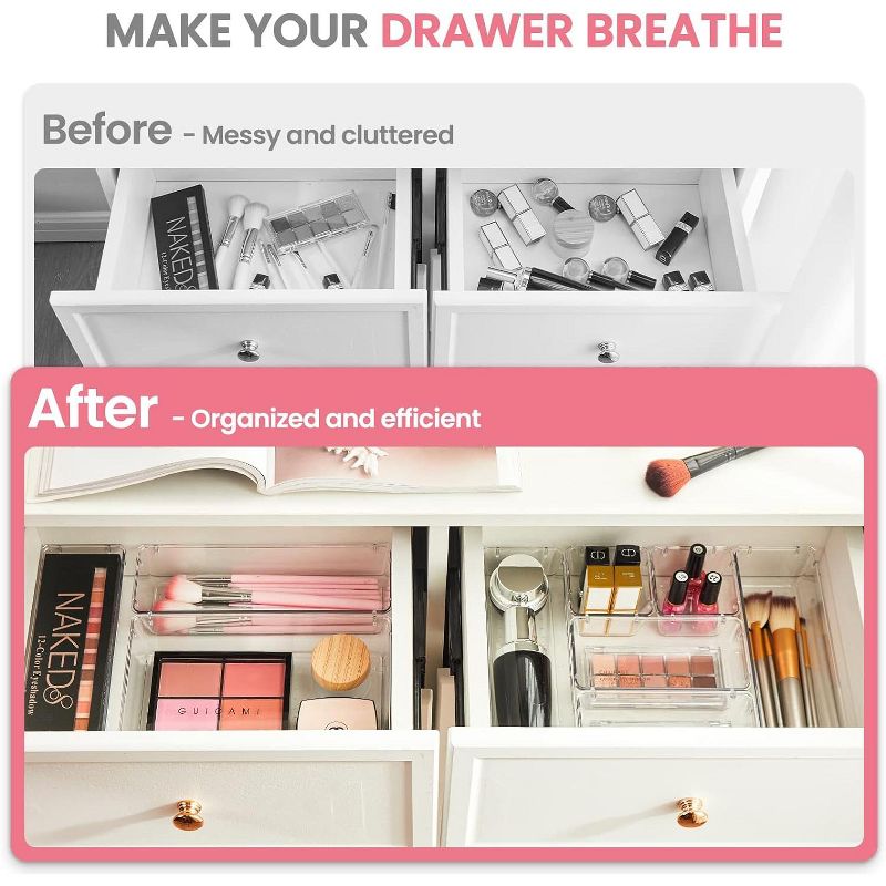 HOUSE DAY Makeup Drawer Trays 4-Type Clear Drawer Organizers with Silicone Pads 17 Pcs, 2 of 6
