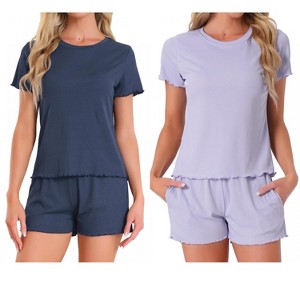 INSPIRE CHIC Women's 4 Pcs Ribbed Knit Soft Short-Sleeve Top & Shorts Ruffled Lounge Pajama Set with Pocket - 1 of 4