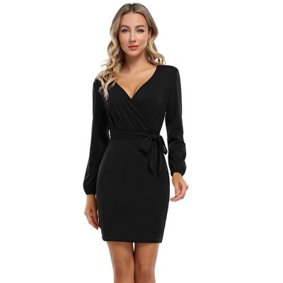 Leadingstar Women's Sexy Bodycon Casual Party Work Dresses Lantern Long Sleeve Wrap Mini Dress